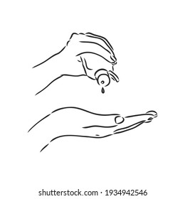 manos usando dispensador de bombeo de gel de sanitizer a mano o alcohol para proteger el virus Covid-19 o el coronavirus ilustración del vector boceto doodle mano dibujado aislado en fondo blanco