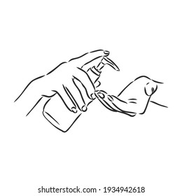 hands using hand sanitizer gel pump dispenser or alcohol to protect Covid-19 virus or coronavirus vector illustration sketch doodle hand drawn isolated on white background