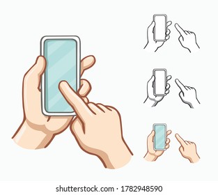 Hands using and holding smartphone with pointing finger vector icon in simplified cartoon style