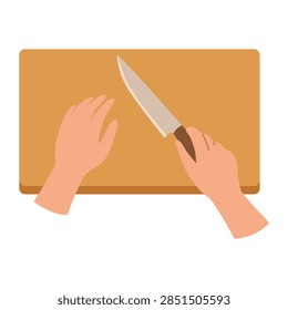 Hands using a kitchen knife to cut and slice ingredients on a wooden chopping board in flat vector style