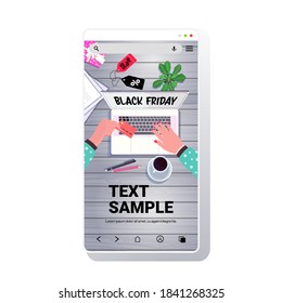 hands using laptop online shopping black friday sale holiday discounts e-commerce concept smartphone screen workplace desk top angle view vector illustration