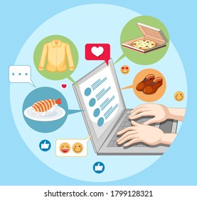 Hands using laptop with social media emoji icon isolated on white background illustration