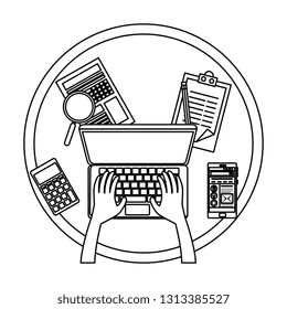hands using laptop in workplace