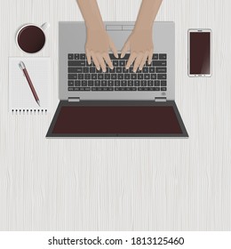 Hands using laptop. Workspace with blank screen laptop and copy space. Remote work, freelance, online learning, distance education. New digital job trends and modern technology. Vector illustration