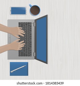 Hands using laptop. Workspace with blank screen laptop and copy space. Remote work, freelance, online learning, distance education. New digital job trends and modern technology. Vector illustration