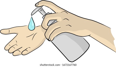 Hands using liquid sanitizer gel from pumping bottle dispenser to prevent Covid-19 or coronavirus handdrawn vector illustration