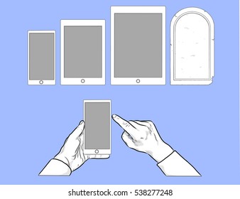 Hands Using Mobile Devices Vector Set.