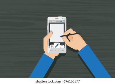 Hands using mobile phone. Flat vector illustration of man using cell phone. Workplace from top view. 