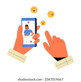 Hands Using Online Dating App In Flat Vector Illustration Symbolizing Digital Romance, Relationship Matching, And Social Interaction, Isolated On White Background.