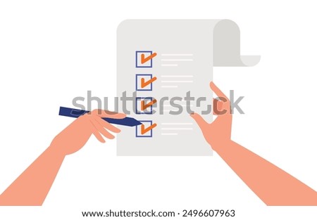 Hands using pen for writing check mark questionnaire. Character vector design. Flat illustration style.