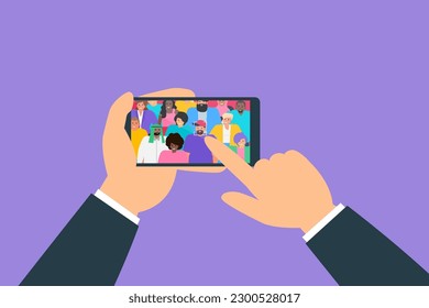 hands using phone  facial  recognition scanning  app technology face id crowd of diverse people vector illustration