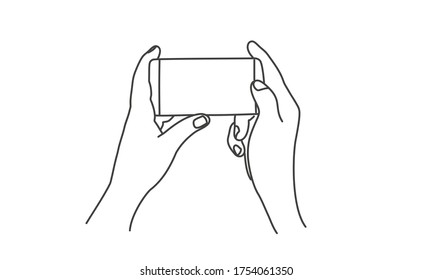 Manos usando el teléfono. Ilustración vectorial de dibujo de línea.