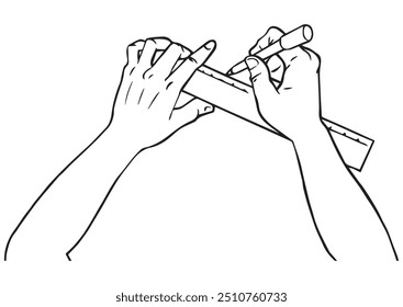 Hands using ruler and pen. Illustration in outline and vector format. This illustration is not an AI Generated content. 