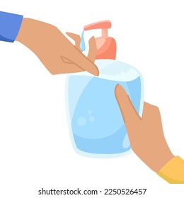 Hands using sanitizer or liquid soap vector illustration. Cartoon drawing of hands of people with plastic bottle of antiseptic, lotion or gel on white background. Hygiene, cosmetology concept