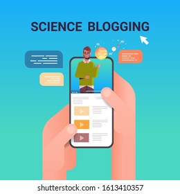 hands using smartphone with astronomy scientist blogger on screen man giving educational training about solar system live streaming blogging concept portrait online mobile app vector illustration