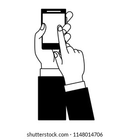 Hands using smartphone in black and white