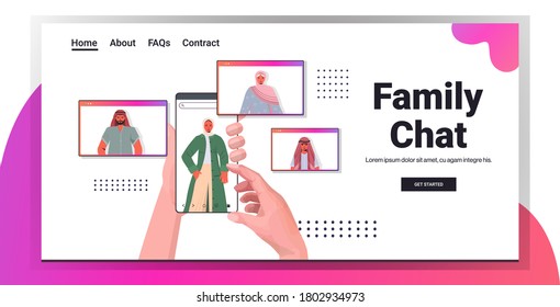 hands using smartphone chatting with arabic people in web browser windows during virtual meeting video call family chat online communication concept horizontal vector illustration