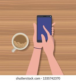 hands using smartphone with coffee cup in the table