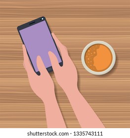 hands using smartphone with coffee cup in the table