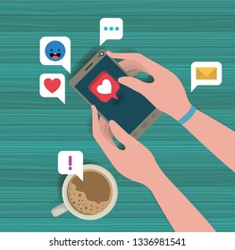 hands using smartphone with coffee cup and social icons