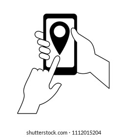 Hands using smartphone gps in black and white