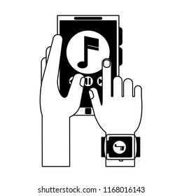 Hands using smartphone to listen music in black and white