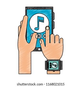 Hands using smartphone to listen music scribble