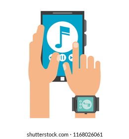 Hands using smartphone to listen music