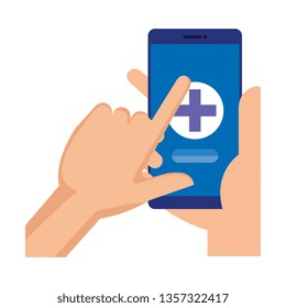hands using smartphone with medical cross telemedicine
