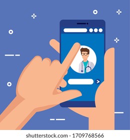 Hände mit Smartphone mit medizinischer Online-Technologie Vektorillustration Design