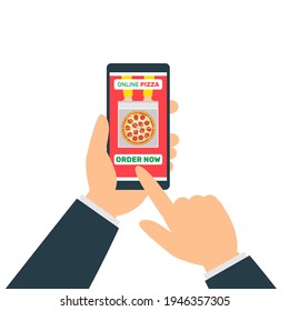 hands using smartphone to order a pepperoni pizza online food delivery app vector illustration