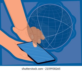 manos usando smartphone con planet tech