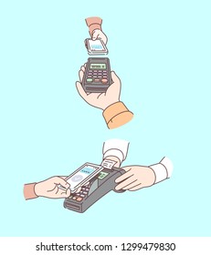 Manos usando smartphone y terminal de pago POS para pago sin contacto. Gente transfiriendo dinero con modernos dispositivos telefónicos. Pago sin coste y tecnología NFC inalámbrica. Plano delgado vectorial plano