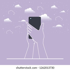 hands using smartphone in the sky