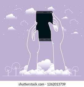 hands using smartphone in the sky