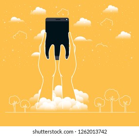 hands using smartphone in the sky