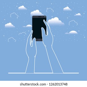hands using smartphone in the sky