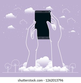 hands using smartphone in the sky