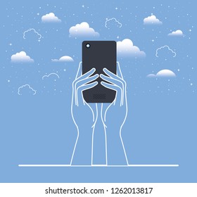hands using smartphone in the sky