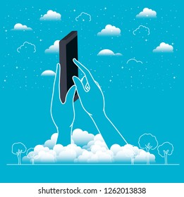 hands using smartphone in the sky
