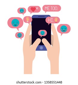 hands using smartphone and social media icons
