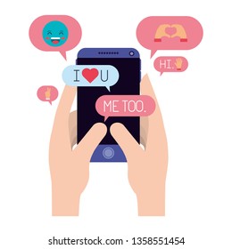 hands using smartphone and social media icons