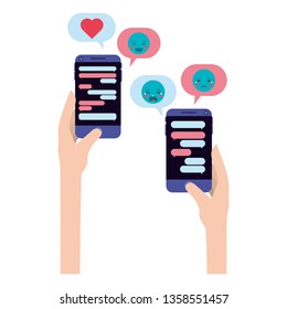 hands using smartphone and social media icons