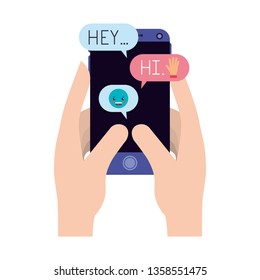 hands using smartphone and social media icons