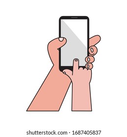 Hands using smartphone in social network. Cartoon flat vector illustration.