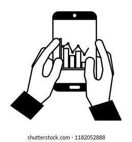 hands using smartphone with statistics