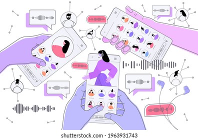 hands using smartphones communicate by voice messages audio chat application social media online communication