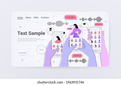 hands using smartphones communicate by voice messages audio chat application social media online communication
