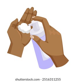 Manos usando dispensador de jabón sobre fondo blanco. Ilustración vectorial