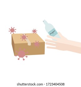 las manos que utilizan spray alcohol sanitizer limpieza de paquetes postales, para evitar que el virus y las bacterias del remitente postal, se protege a sí misma y a la familia de los virus.dar el paquete entrega. Concepto de higiene.